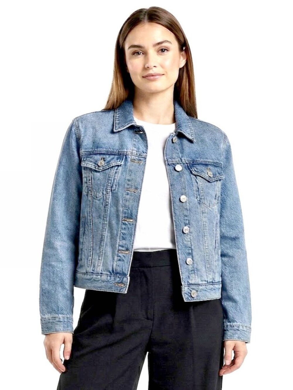 Topshop Classic Button-Down Denim Trucker Jacket Blue Mid Wash, Womens Size 8 US